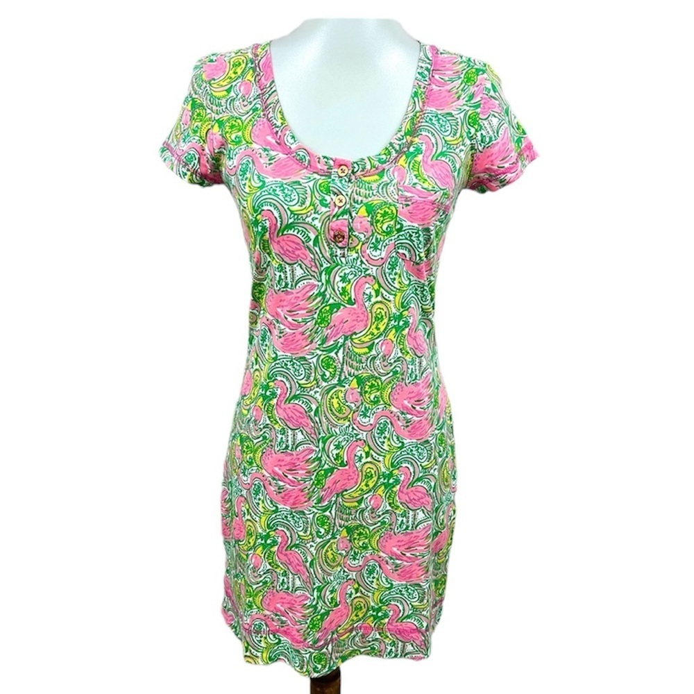 Lilly Pulitzer Britton Button Henley Hot Wings Flamingo Print Pima Cotton Dress